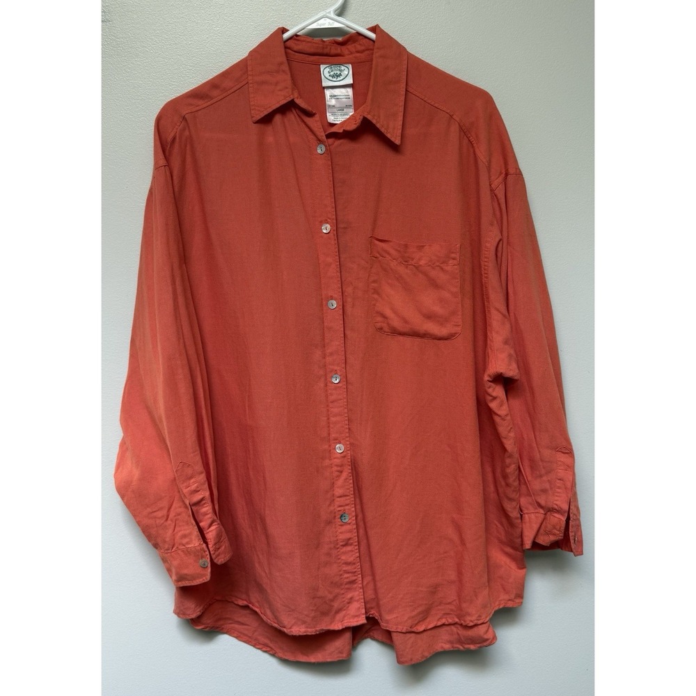 LAURA ASHLEY Womens Orange Shell Button Shirt 3/4 Sleeve Large Linen Blend